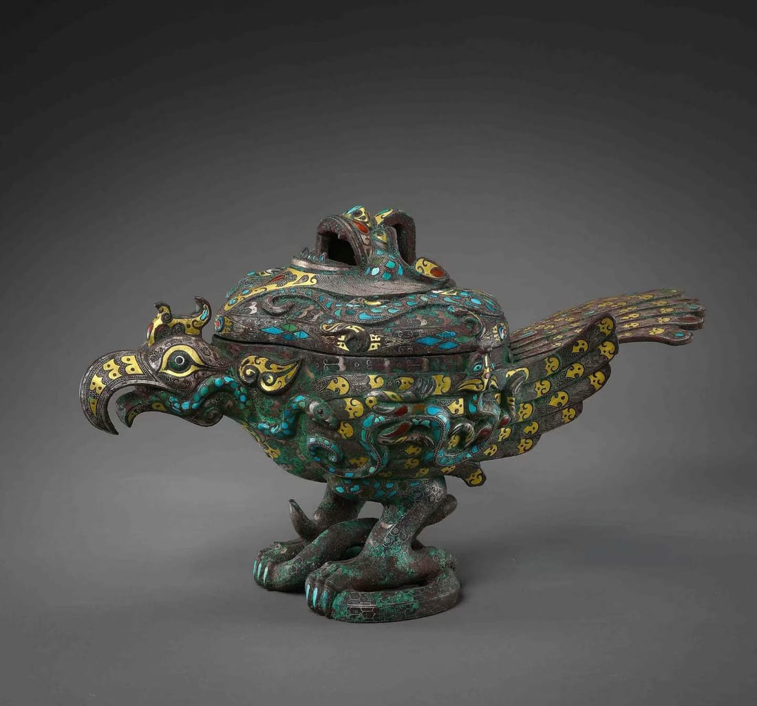Chinese Warring States Period Gilt and Silver Phoenix Incense Burner: H. 19 cm. W. 33 cm. Weight. 3692 gram.