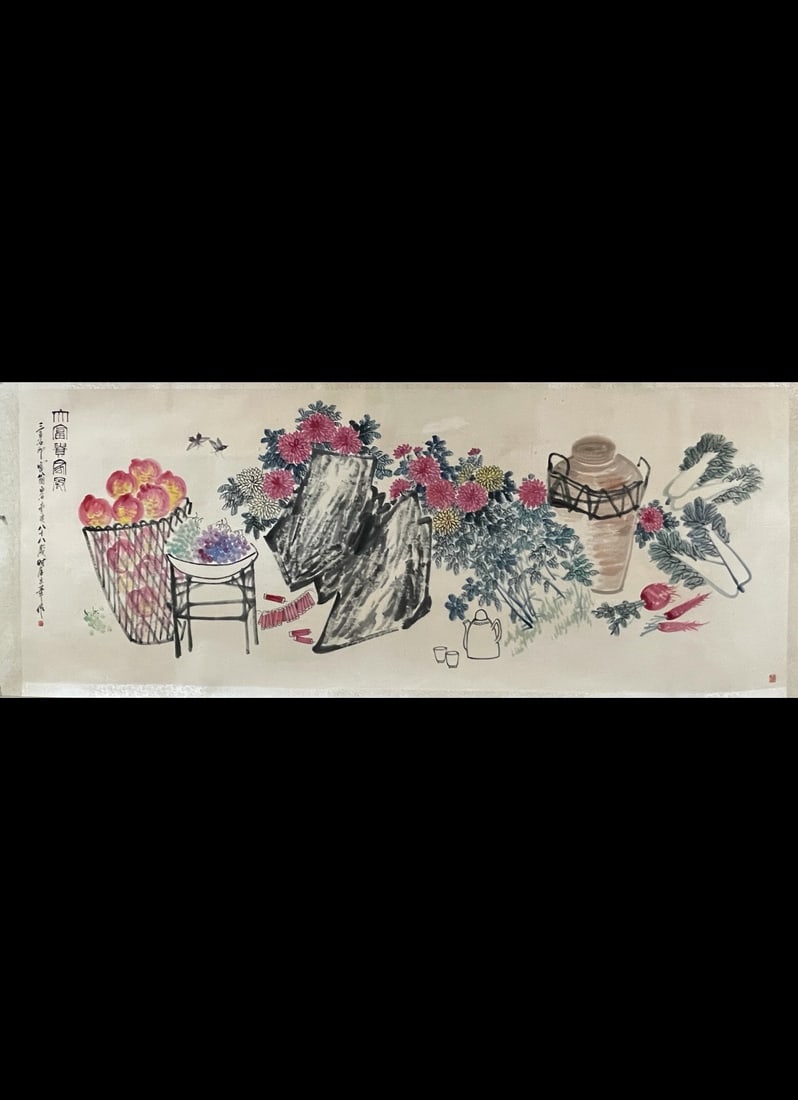 Flowers by Qi Baishi: L. 360 cm. W. 140 cm.
