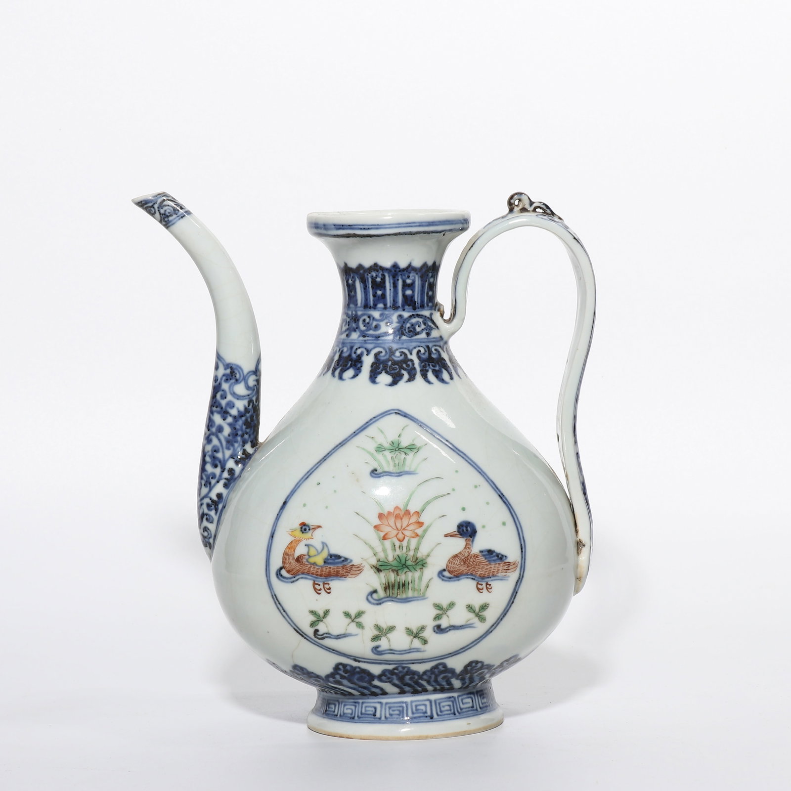 Blue and white porcelain ewer with mandarin ducks playing in water design from the Xuande period of