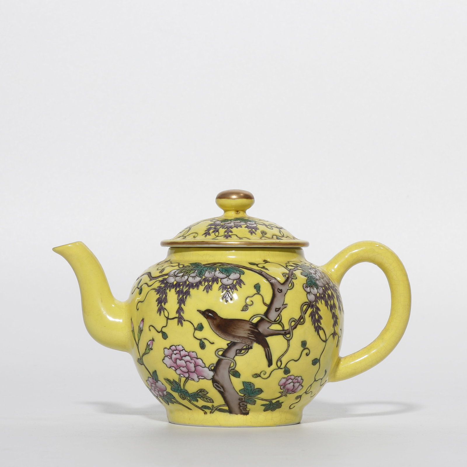 Chinese Qing Dynasty Yongqing Changchun Yellow Glazed Flower and Bird Pattern Ewer (1 of 6)