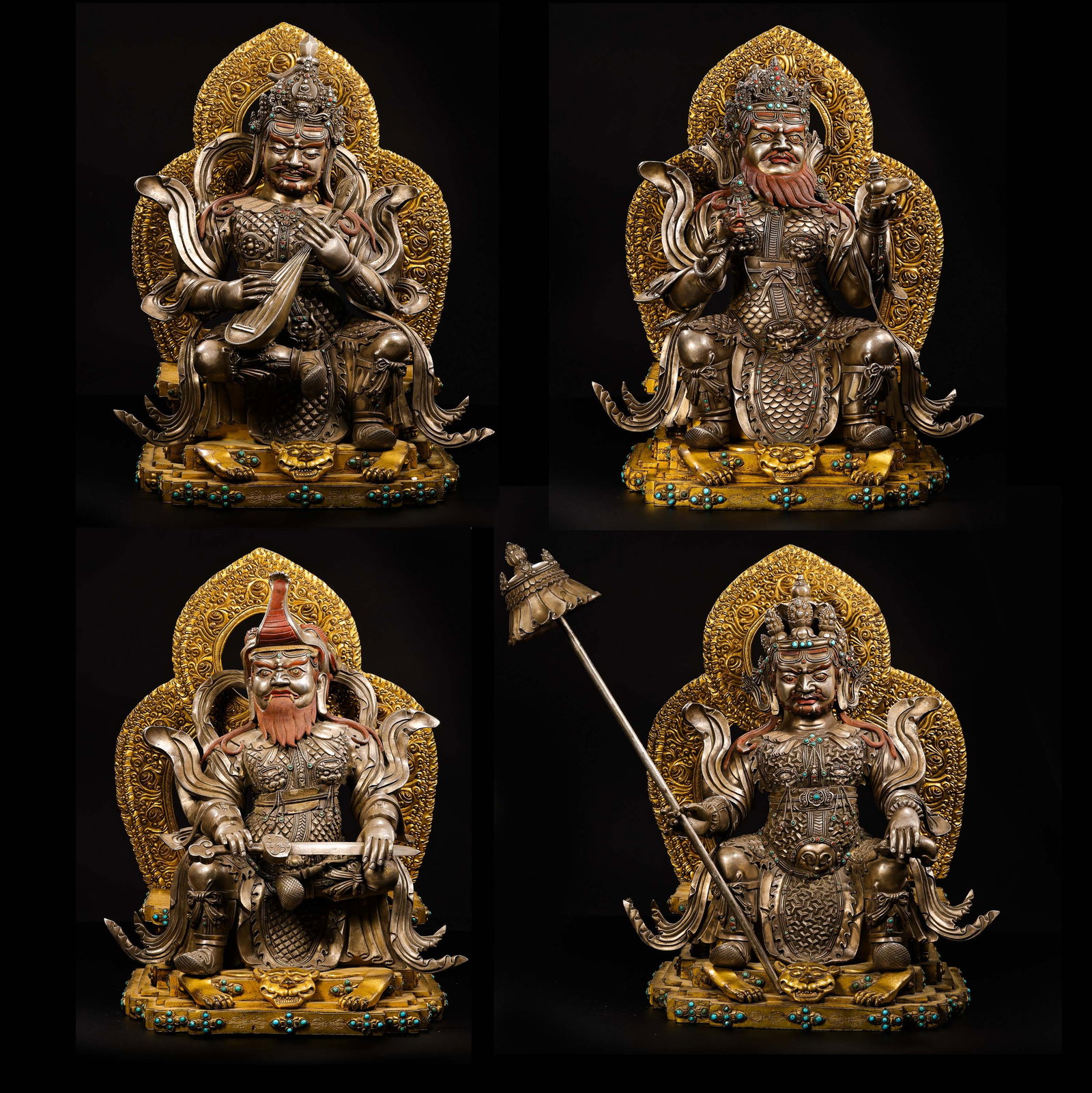 A set of Ming Dynasty gilt bronze seated statues of the Four Heavenly Kings inlaid with gemstones: H. 44.3 cm. W. 36.5 cm. Weight. 81600 gram.