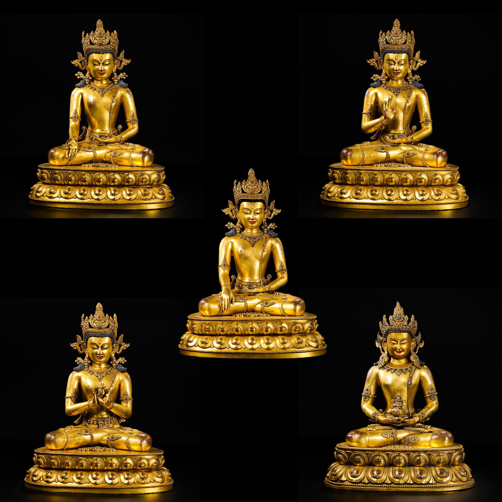 A set of gilt bronze seated Buddha statues inlaid with gemstones from the Qianlong period of the: H. 32.5 cm. W. 25 cm. Weight. 21500 gram.