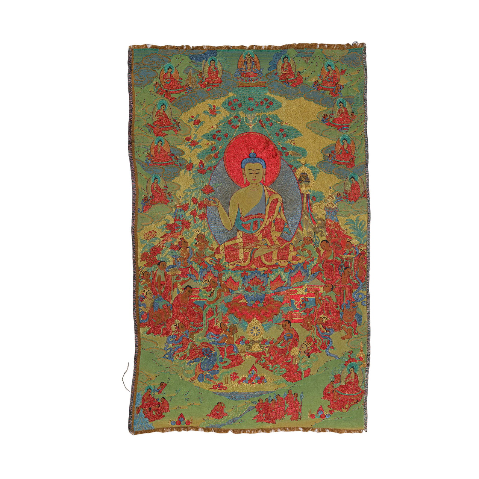Silk tapestry of Buddhist statues from the Qing Dynasty in China: L. 78 cm. W. 49 cm.