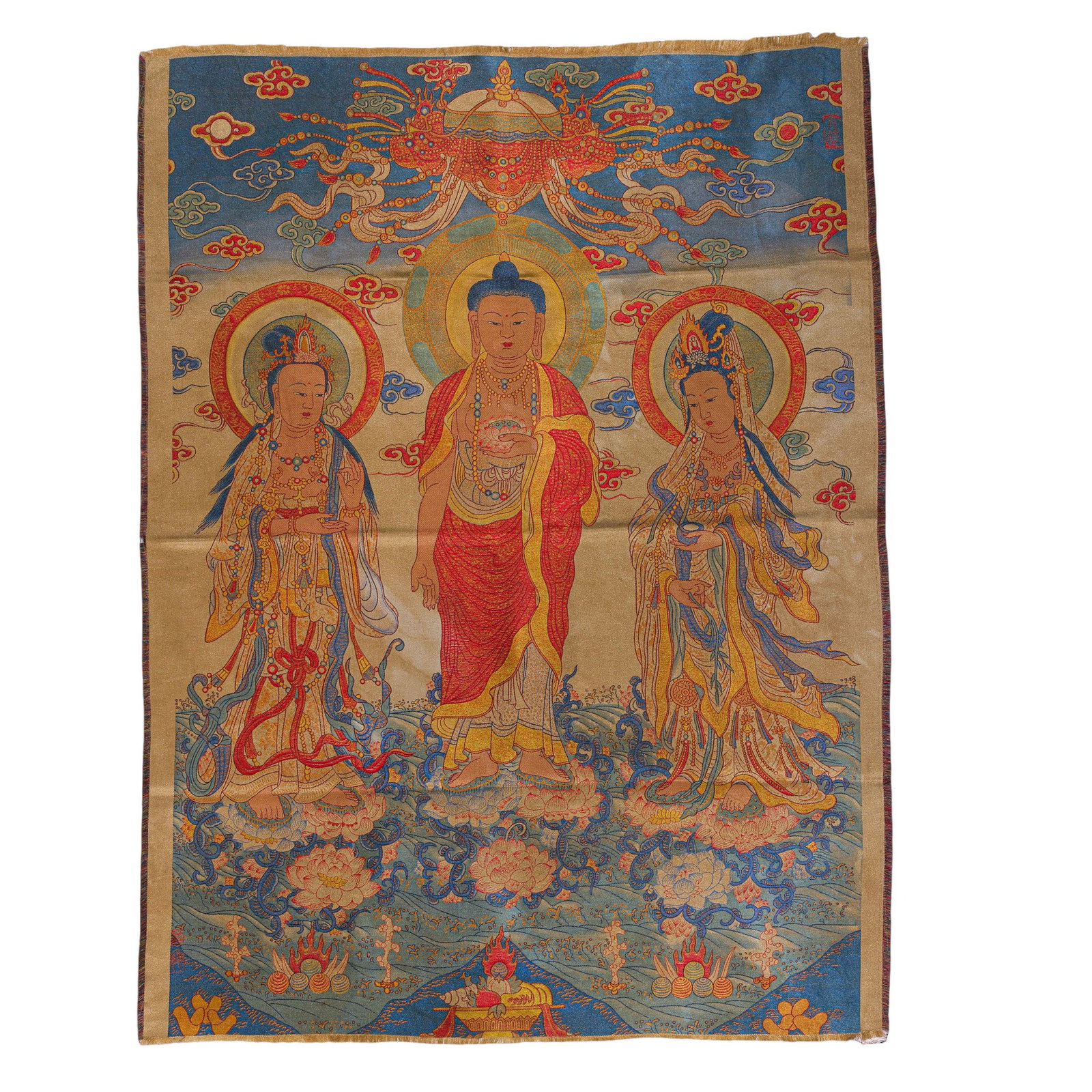 Silk tapestry of Buddhist statues from the Qing Dynasty in China: L. 69.5 cm. W. 51 cm.