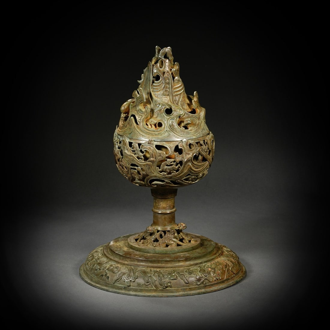 Bronze Boshan Incense Burner from the Shang and Zhou Dynasties of China: H. 32 cm. W. 13.5 cm. Weight. 2450 gram.