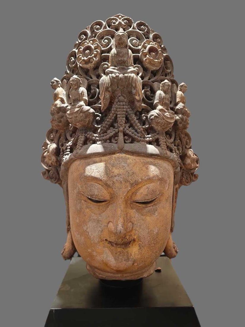Chinese Song Dynasty Stone Guanyin Buddha Head: H. 82 cm. W. 57 cm.