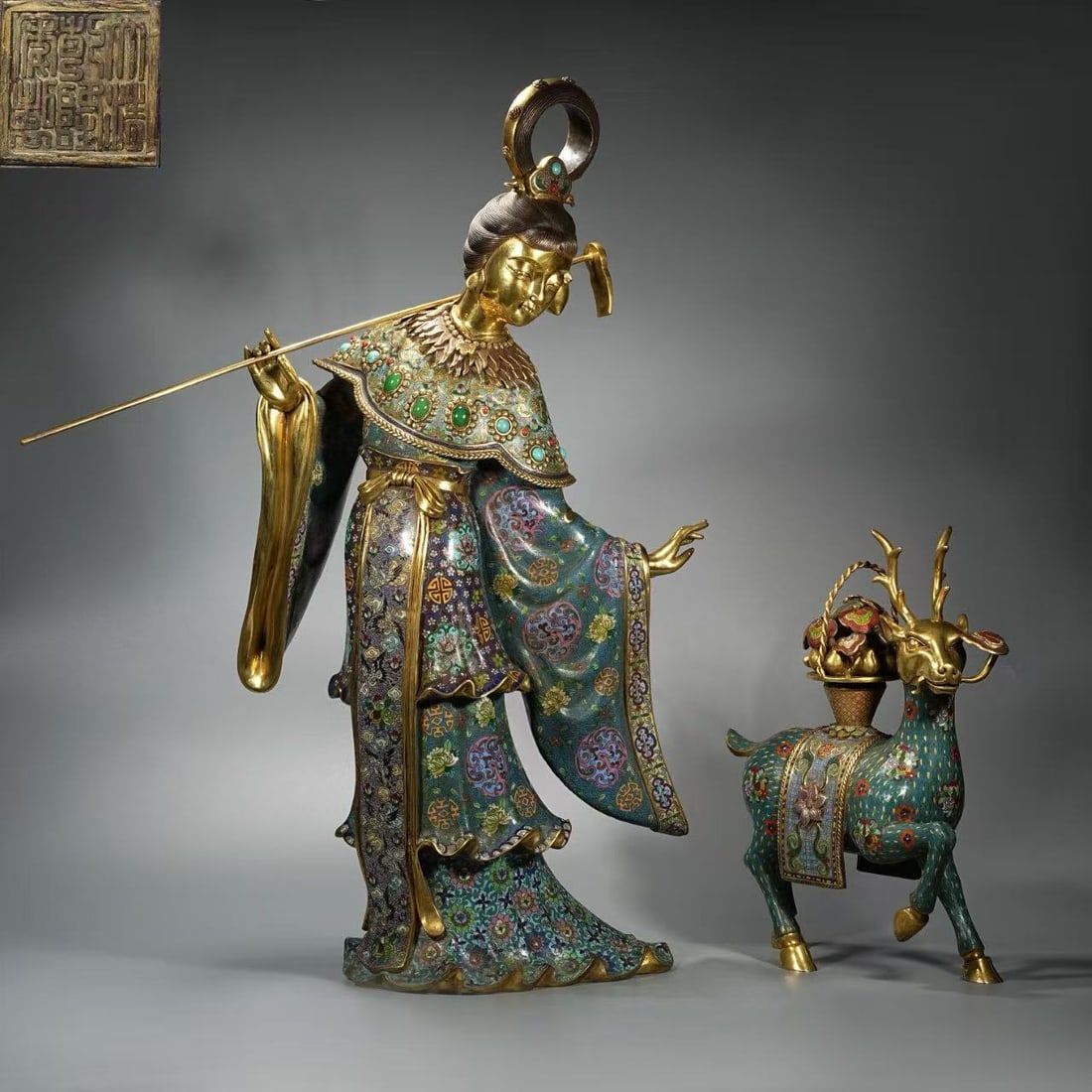 A set of cloisonné enamel standing figures from the Qianlong period of the Qing Dynasty, China.: H. 88 cm. W. 48 cm. Weight. 37600 gram.