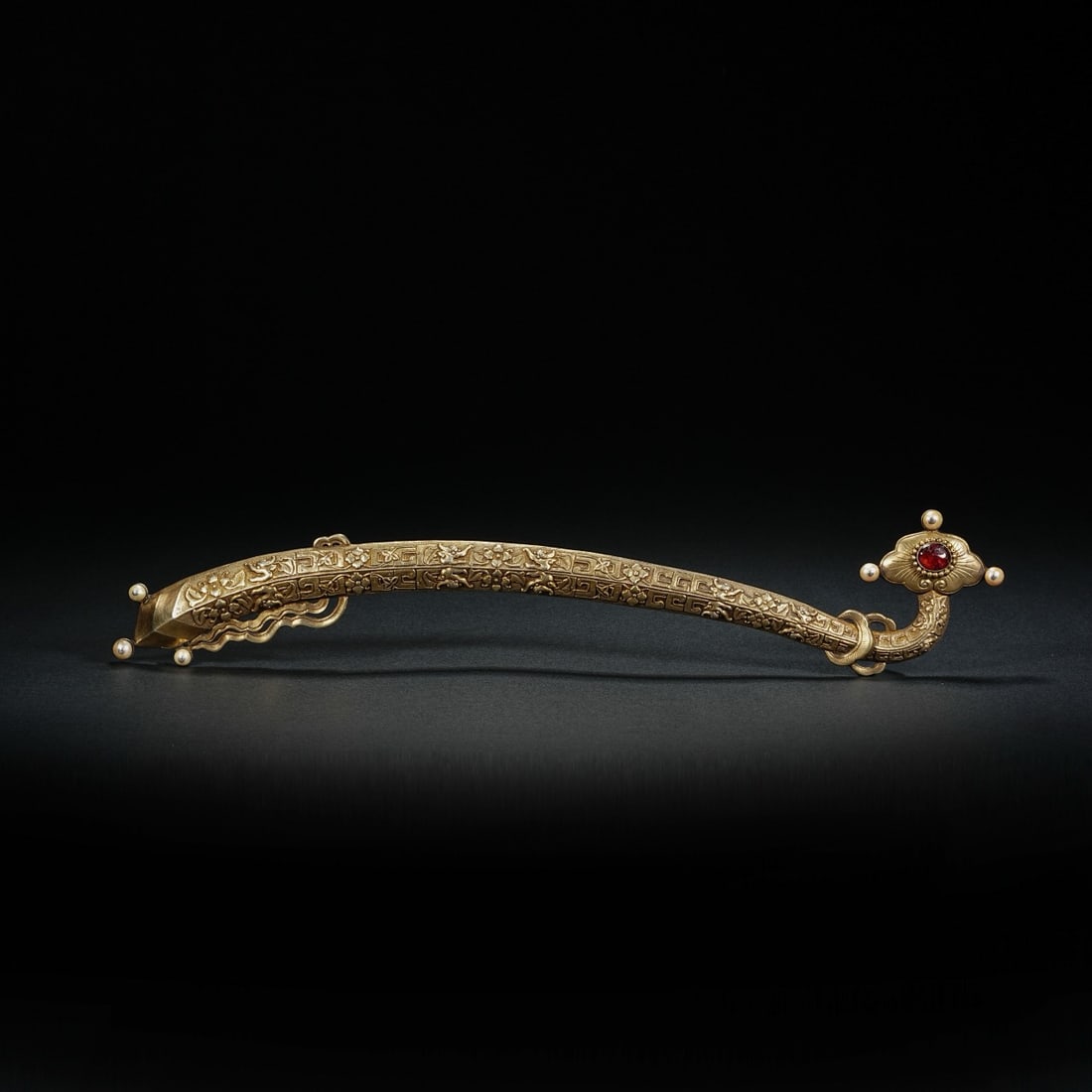 Chinese 19th-century silver inlaid tourmaline pearl dragon and lingzhi ruyi: L. 34 cm. W. 3 cm. Weight. 100 gram.