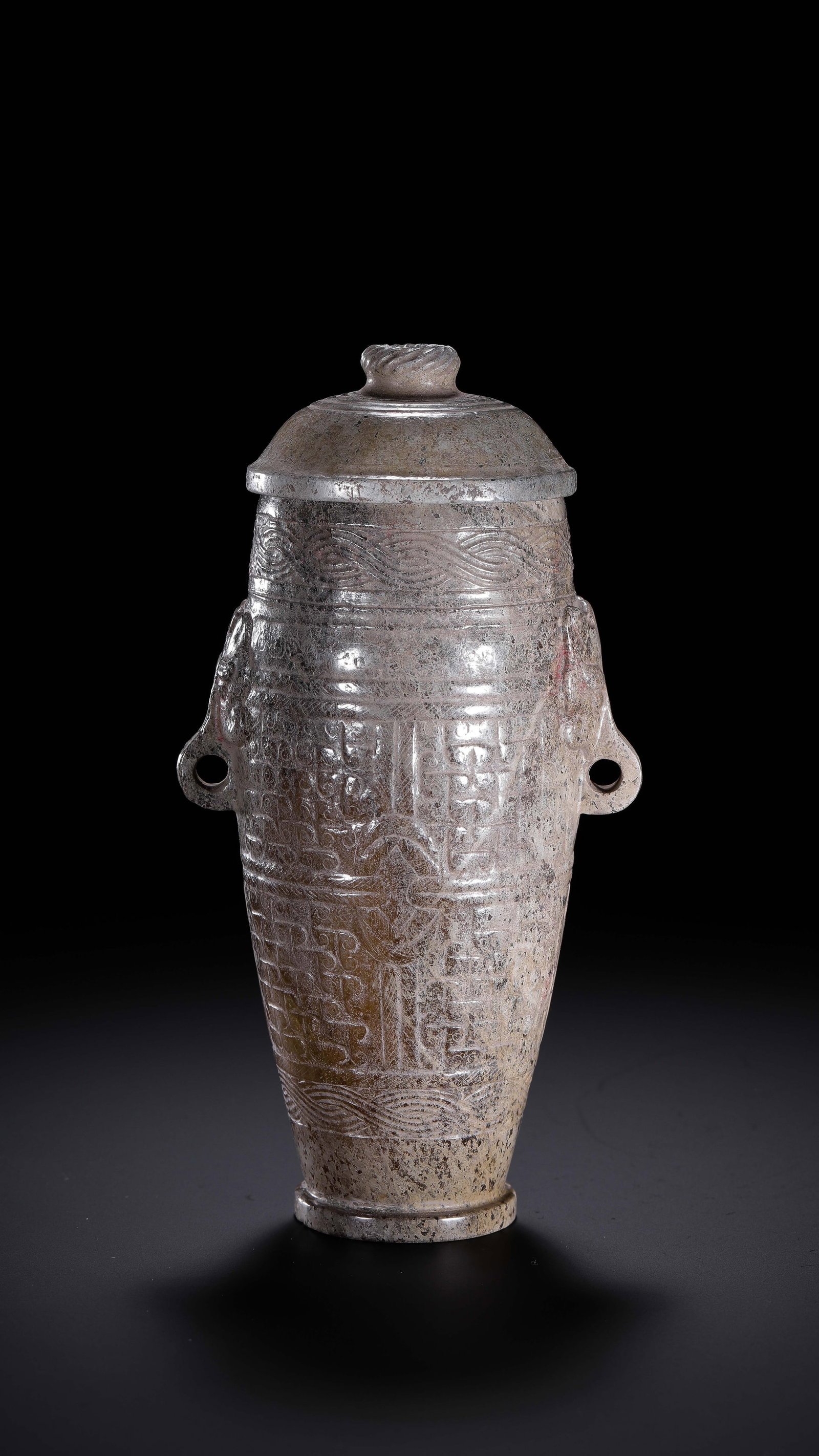Chinese Han Dynasty double-handled covered bottle: H. 15 cm. W. 7.9 cm. Weight. 330 gram.