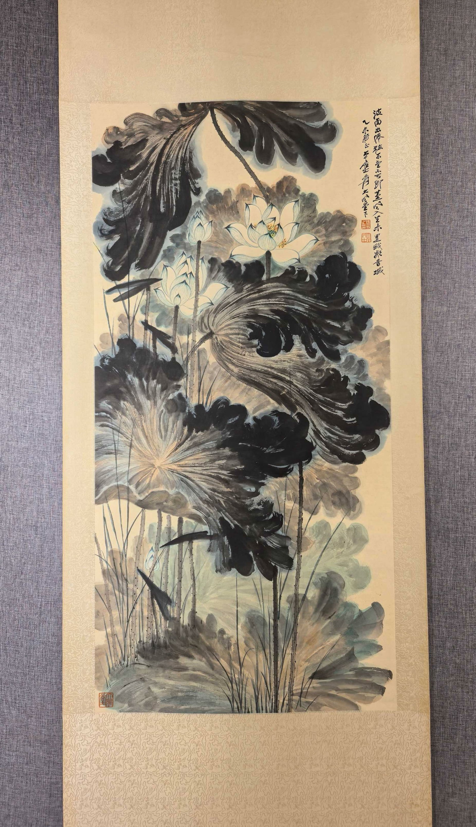 Lotus Flowers by Zhang Daqian: L. 137 cm. W. 67 cm.