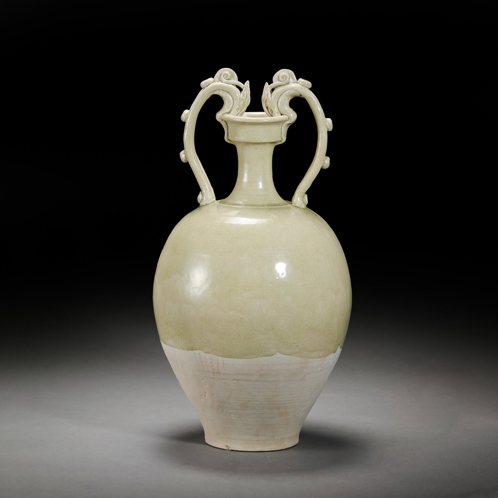 Tang Dynasty Chinese Gongxian Kiln White Porcelain Double Dragon Vase: H. 41 cm.