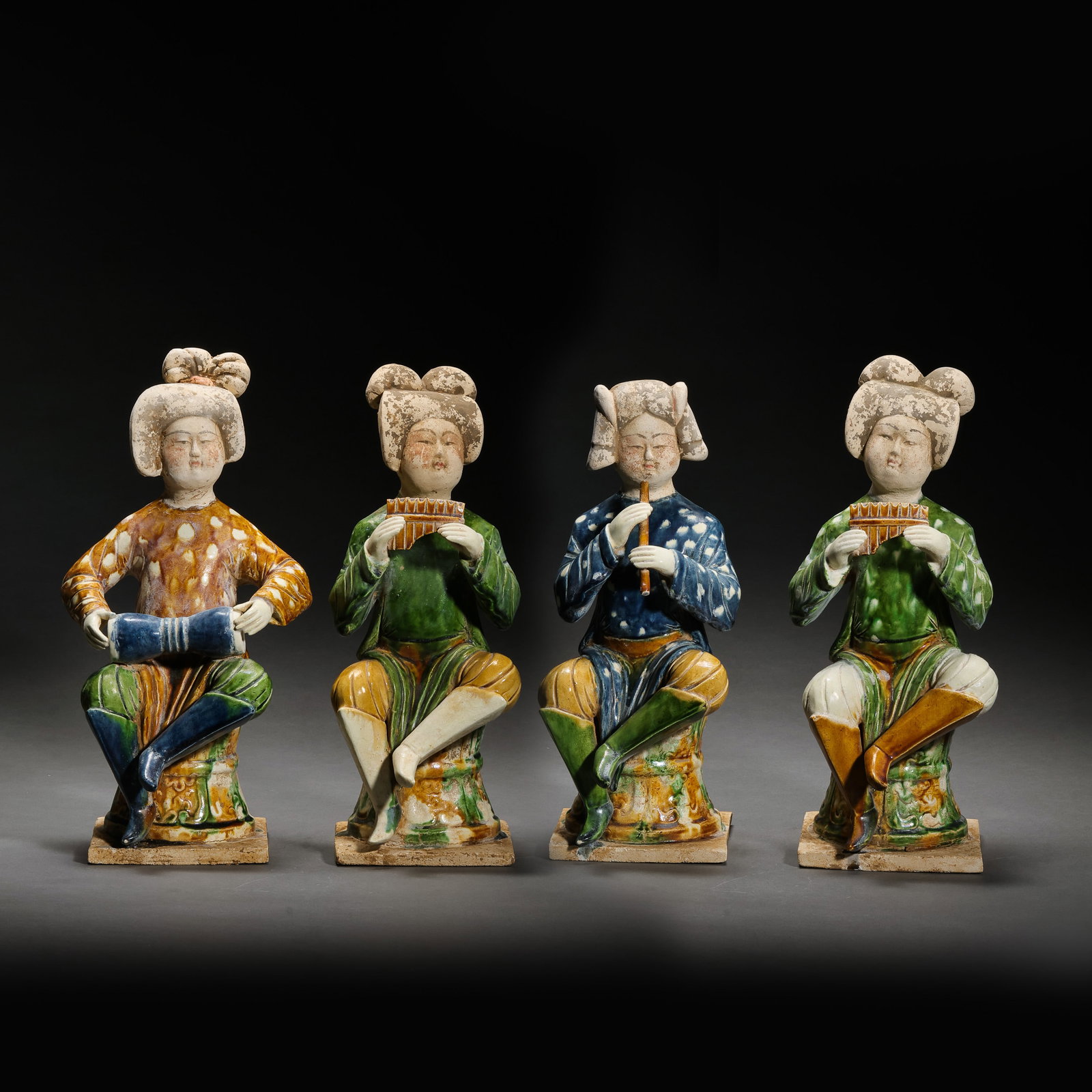A set of Chinese Tang Dynasty tri-colored pottery musician figurines (1 of 17)