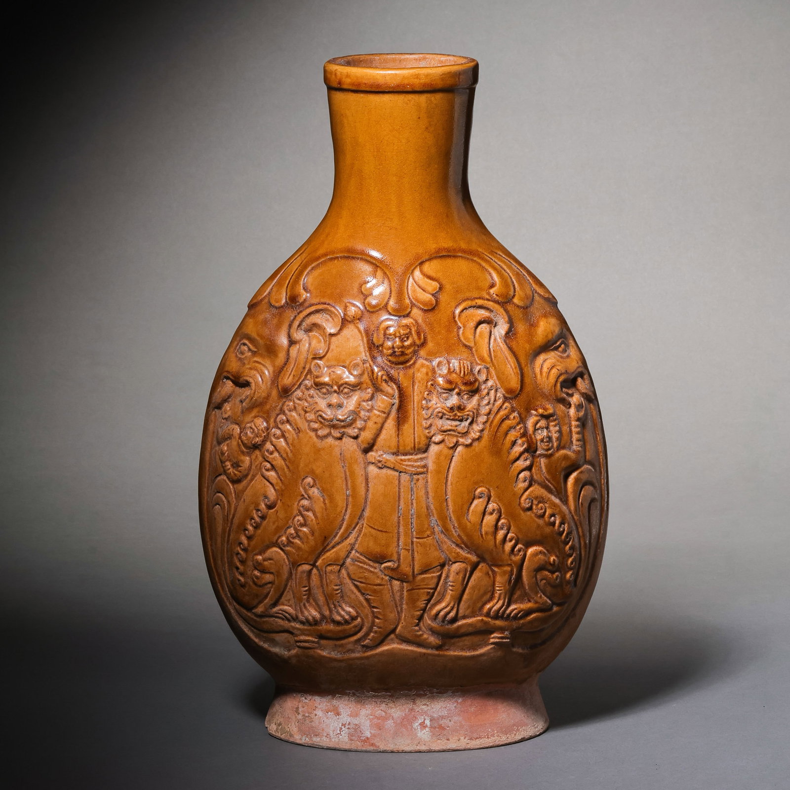 Chinese Han Dynasty Yellow Glazed Flat Bottle with Applied Decoration (1 of 10)