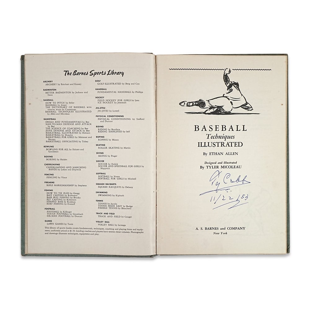 TY COBB SIGNED "BASEBALL TECHNIQUES ILLUSTRATED" BOOK, DATED 1953 - 2