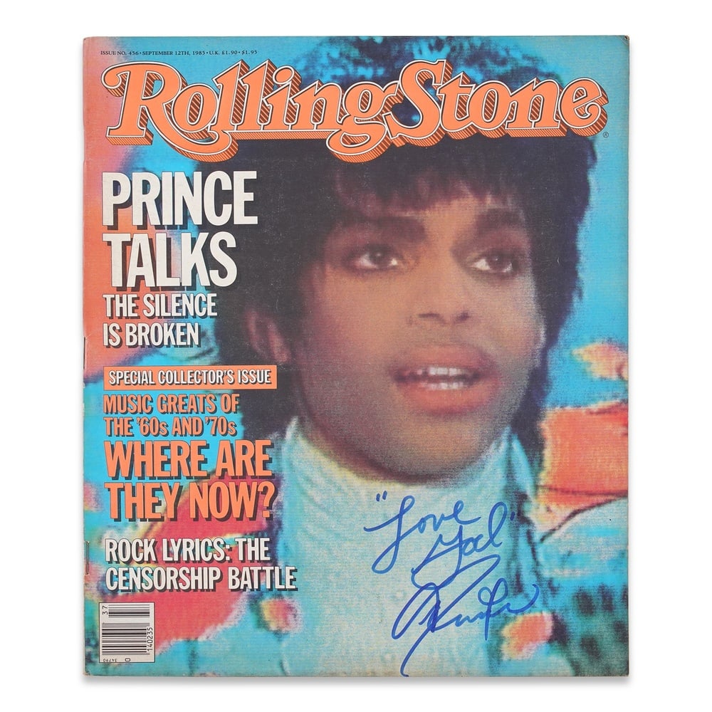 PRINCE SIGNED "ROLLING STONE" MAGAZINE: 12 x 10 in (30.4 x 25.3 cm) Provenance and Authentication: According to the Letter of Authenticity (LOA) and Certificate of Authenticity (COA) provided by the consignor, this collectible was