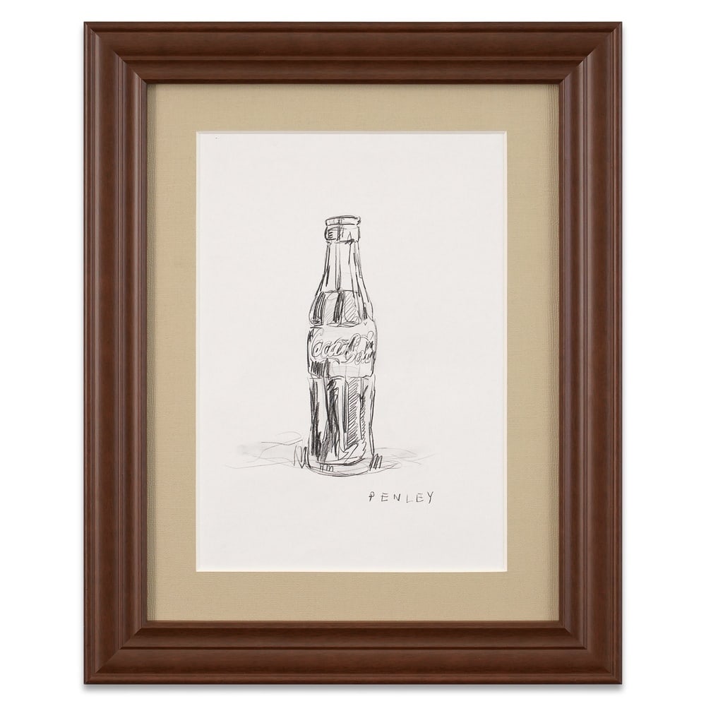 STEVE PENLEY HAND-DRAWN AND SIGNED COCA-COLA BOTTLE DRAWING: Image Dimensions: 14 5/8 x 10 1/8 in (37 x 25.8 cm) Framed Dimensions: 22 1/4 x 17 7/8 in (56.5 x 45.3 cm) Provenance and Authentication: According to the accompanying documentation provided by the