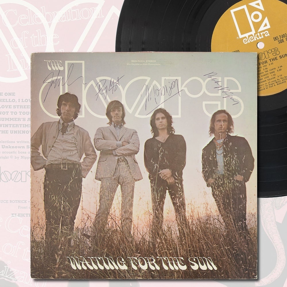 THE DOORS FULLY SIGNED "WAITING FOR THE SUN" LP: 12 3/8 x 12 3/8 in (31.5 x 31.5 cm) Provenance and Authentication: According to the accompanying documentation provided by the consignor, the signatures have been examined with reference to multiple