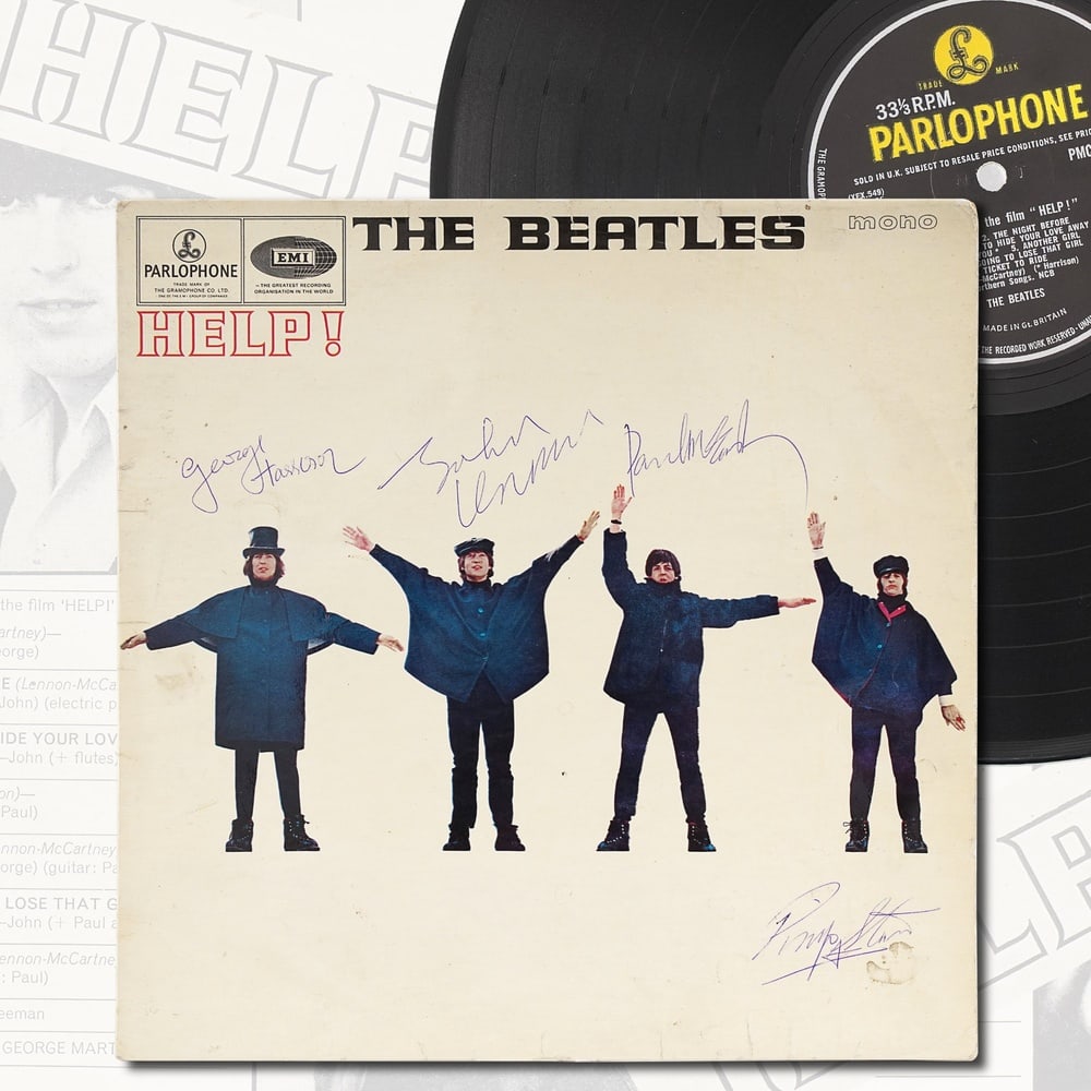 THE BEATLES FULLY SIGNED "HELP!" MONO LP: 12 3/8 x 12 3/8 in (31.5 x 31.5 cm) Provenance and Authentication: According to the accompanying documentation provided by the consignor, the signatures have been examined with reference to multiple f