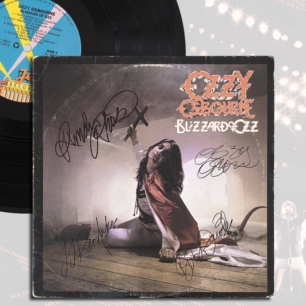 OZZY OSBOURNE FULLY SIGNED "BLIZZARD OF OZZ" LP: 12 1/4 x 12 1/4 in Provenance and Authentication: According to the Letter of Authenticity (LOA) and Certificate of Authenticity (COA) provided by the consignor, this collectible was subjected to a