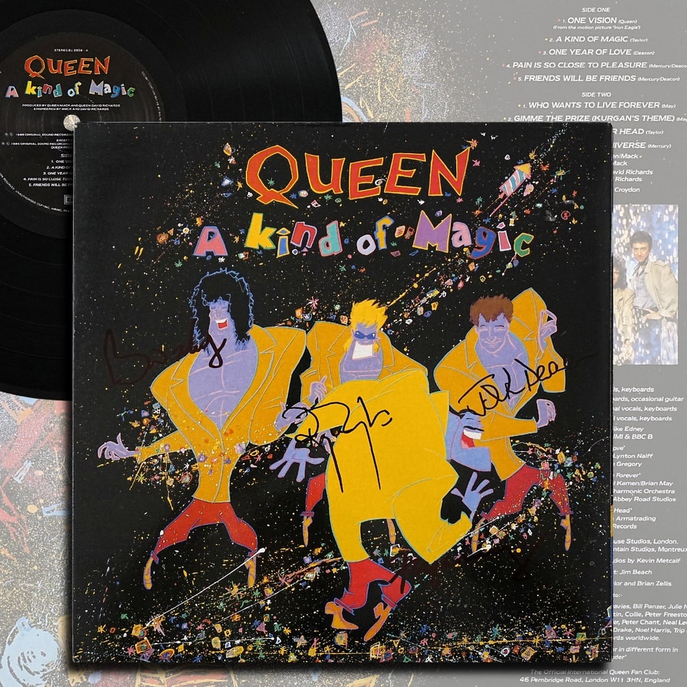 QUEEN FULLY SIGNED "A KIND OF MAGIC" UK FIRST EDITION LP: 12 1/4 x 12 1/4 in Provenance and Authentication: According to the Letter of Authenticity (LOA) and Certificate of Authenticity (COA) provided by the consignor, this collectible was subjected to a
