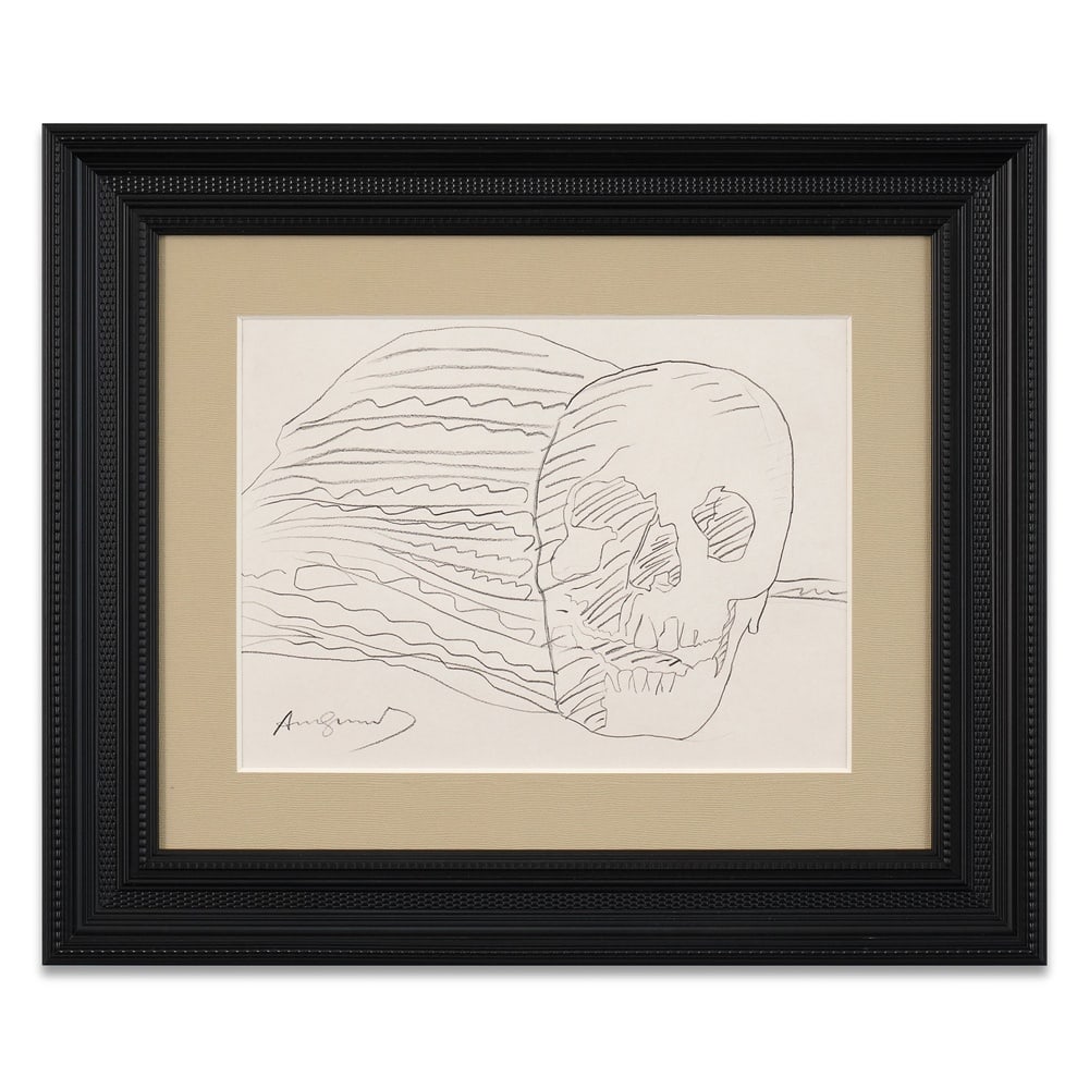 ANDY WARHOL HAND-DRAWN AND SIGNED SKULL SKETCH: Image Dimensions: 10 1/8 x 13 5/8 in (25.7 x 34.5 cm) Framed Dimensions: 19 1/8 x 22 1/2 in (48.4 x 57 cm) Provenance and Authentication: According to the accompanying documentation provided by the