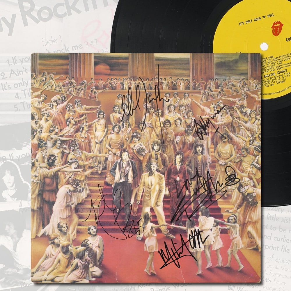 THE ROLLING STONES FULLY SIGNED "IT'S ONLY ROCK 'N ROLL" LP: 12 1/4 x 12 1/4 in Provenance and Authentication: According to the Letter of Authenticity (LOA) and Certificate of Authenticity (COA) provided by the consignor, this collectible was subjected to a for