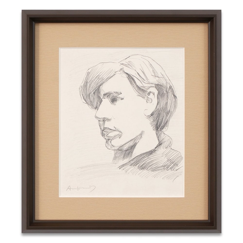 ANDY WARHOL SIGNED SELF-PORTRAIT DRAWING: Image Dimensions: 10 7/8 x 9 1/8 in (27.5 x 23 cm) Framed Dimensions: 16 5/8 x 14 3/4 in (42.3 x 37.5 cm) Provenance and Authentication: According to the Letter of Authenticity (LOA) and Certificate