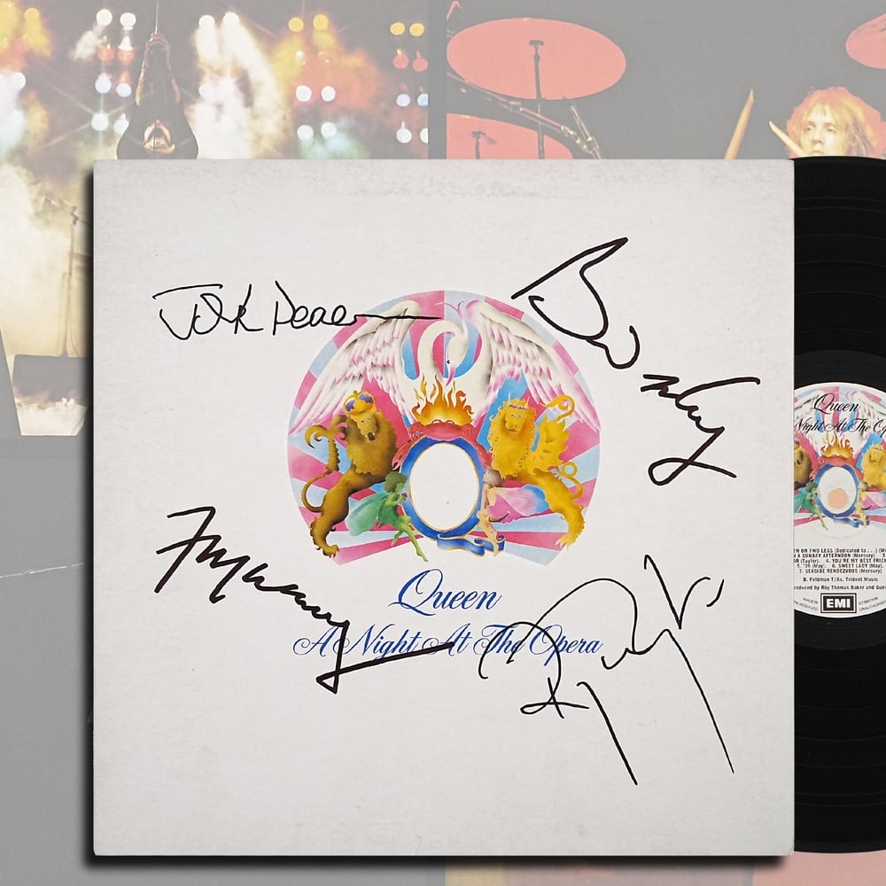 QUEEN FULLY SIGNED "A NIGHT AT THE OPERA" UK FIRST EDITION LP: 12 1/4 x 12 1/4 in Provenance and Authentication: According to the Letter of Authenticity (LOA) and Certificate of Authenticity (COA) provided by the consignor, this collectible was subjected to a