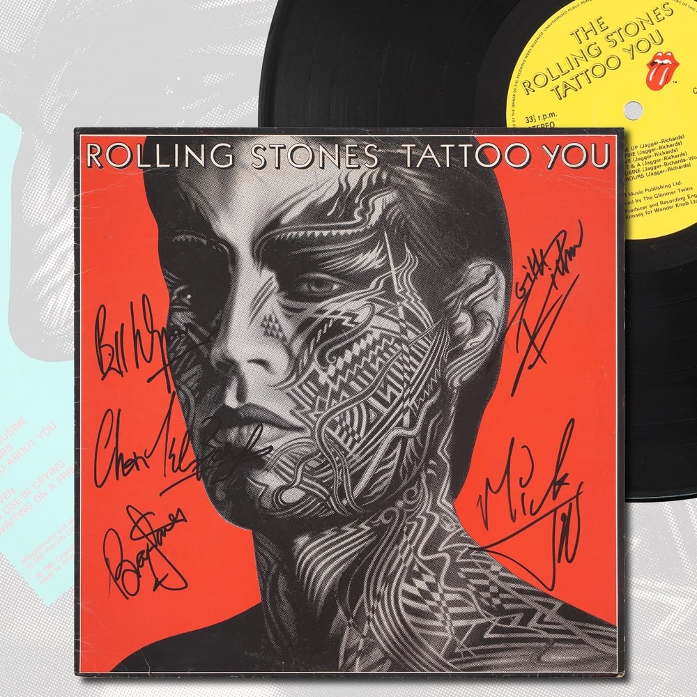 THE ROLLING STONES FULLY SIGNED "TATTOO YOU" LP: 12 1/4 x 12 1/4 in Provenance and Authentication: According to the Letter of Authenticity (LOA) and Certificate of Authenticity (COA) provided by the consignor, this collectible was subjected to a for