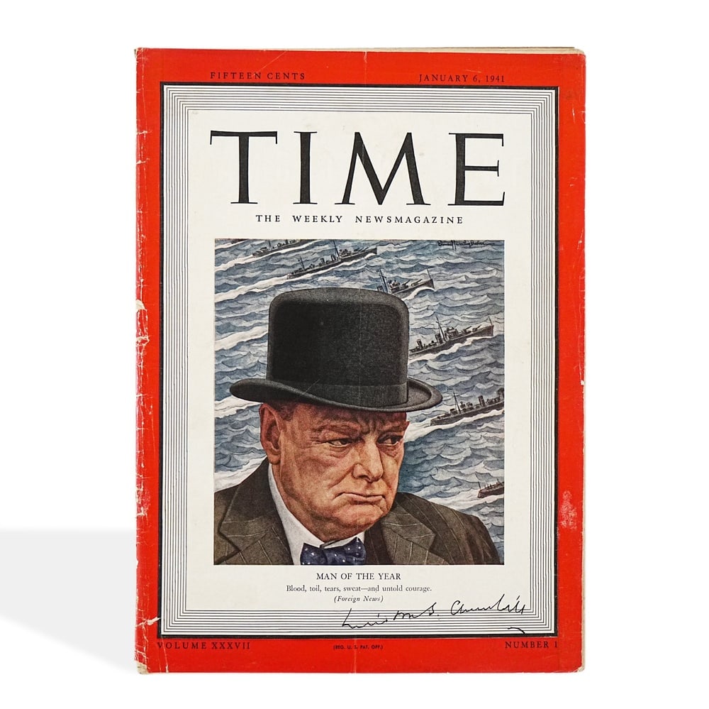 WINSTON S. CHURCHILL SIGNED TIME MAGAZINE "MAN OF THE YEAR" (JANUARY 6, 1941): 11 5/8 x 8 3/8 in (29.4 x 21.3 cm) Provenance and Authentication: According to the accompanying documentation provided by the consignor, the signatures have been examined with reference to multiple