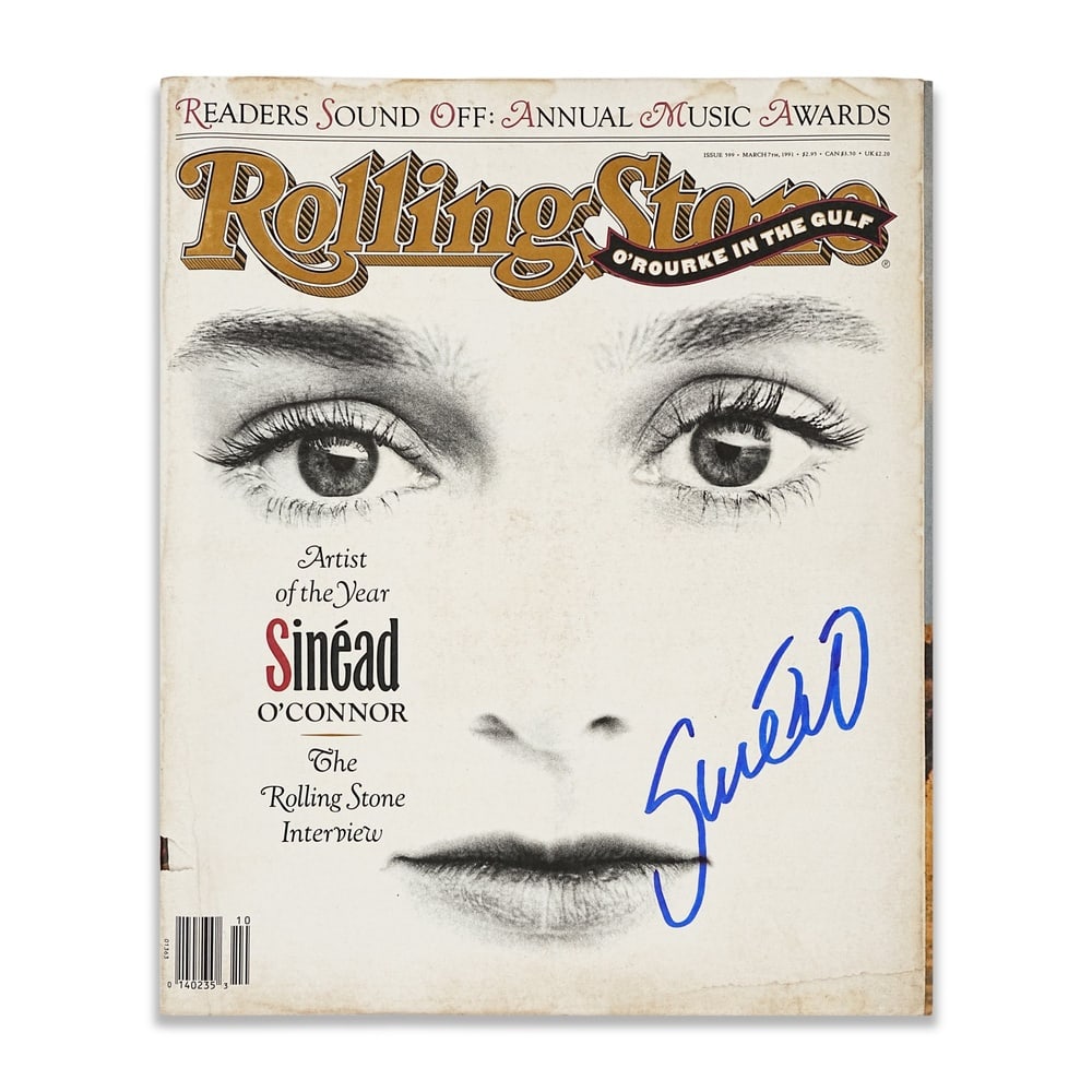 SINEAD O'CONNOR SIGNED ROLLING STONE MAGAZINE (MARCH 7, 1991): 12 x 10 in (30.6 x 25.5 cm) Provenance and Authentication: According to the accompanying documentation provided by the consignor, the signatures have been examined with reference to multiple factors,