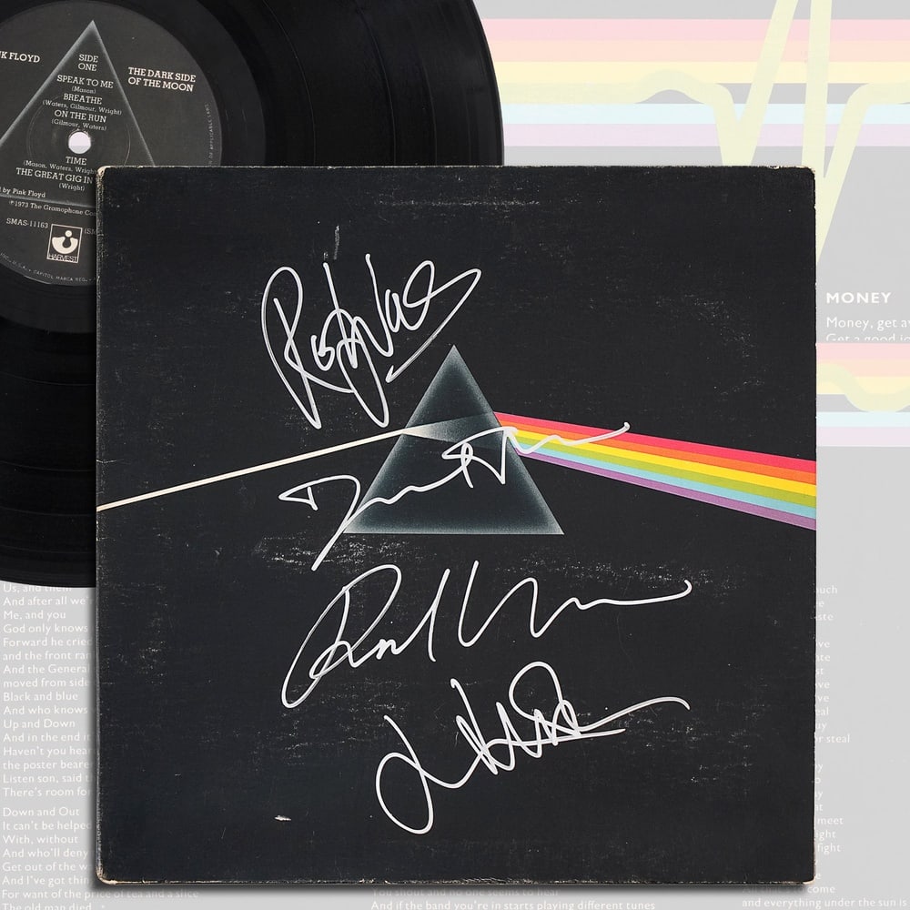 PINK FLOYD FULLY SIGNED LP "THE DARK SIDE OF THE MOON" (U.S. PRESSING): 12 1/4 x 12 1/4 Provenance and Authentication: According to the Letter of Authenticity (LOA) and Certificate of Authenticity (COA) provided by the consignor, this collectible was subjected to a forens