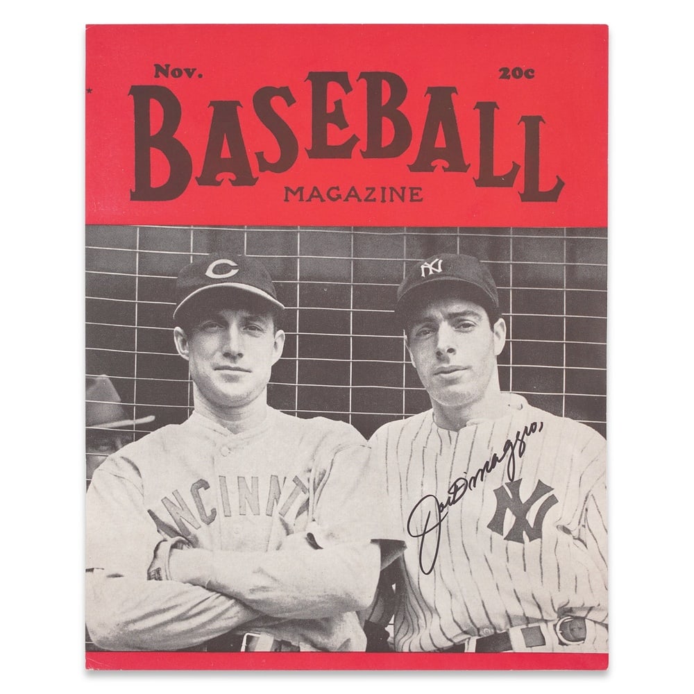 JOE DIMAGGIO SIGNED "BASEBALL" MAGAZINE COVER: 11 3/8 x 9 1/8 in (29 x 23 cm) Provenance and Authentication: According to the Letter of Authenticity (LOA) and Certificate of Authenticity (COA) provided by the consignor, this collectible was