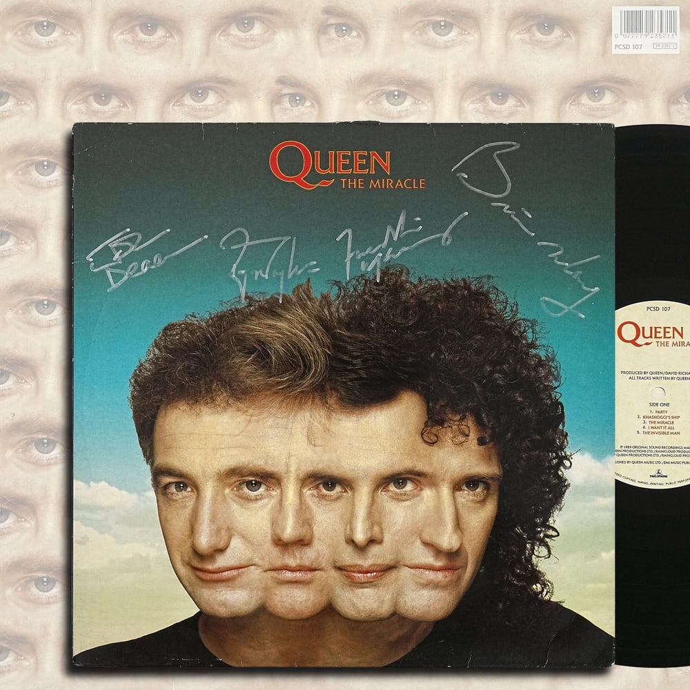 QUEEN FULLY SIGNED 1989 "THE MIRACLE" LP: 12 1/4 x 12 1/4 in Provenance and Authentication: According to the accompanying documentation provided by the consignor, the signatures have been examined with reference to multiple factors,