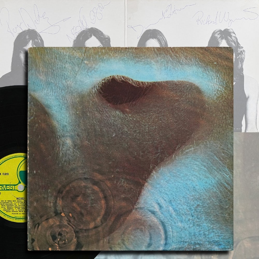 PINK FLOYD FULLY SIGNED "MEDDLE" LP: 12 1/4 x 12 1/4 in Released in 1971, Meddle represents one of Pink Floyd's most significant artistic milestones and bridges the experimental psychedelic period with the conceptual masterpieces that