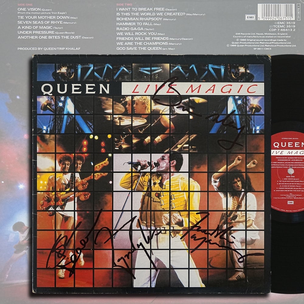 QUEEN FULLY SIGNED "LIVE MAGIC" LP: 12 1/4 x 12 1/4 in Provenance and Authentication: According to the accompanying documentation provided by the consignor, the signatures have been examined with reference to multiple factors,
