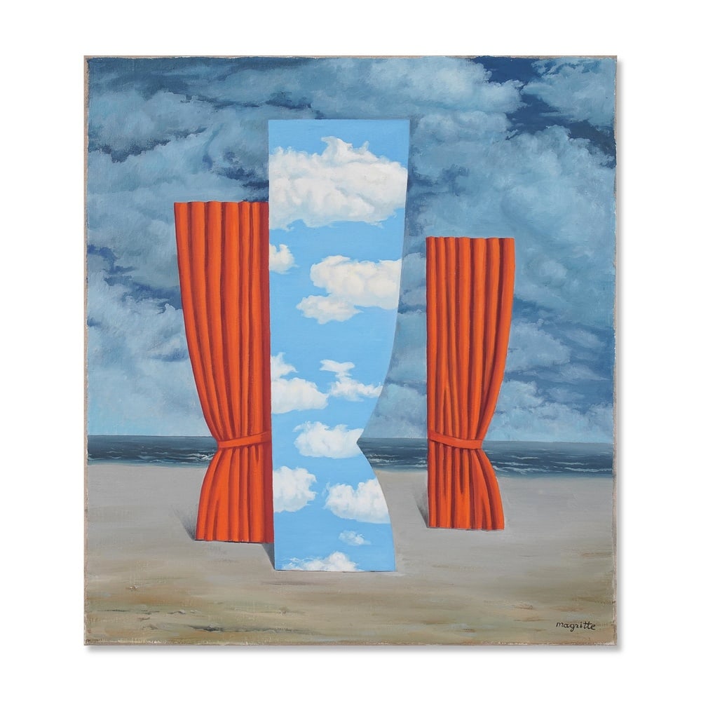 RENE MAGRITTE (1898-1967), ATTRIBUTED TO, OIL ON CANVAS: Signed (lower right) Image Dimensions: 28 5/8 x 25 1/2 in (72.6 x 64.9 cm) This painting comes with COA. Le Rideau du ciel, dated 1962, presents a striking conjunction of curtain, sky, clouds, sea, an