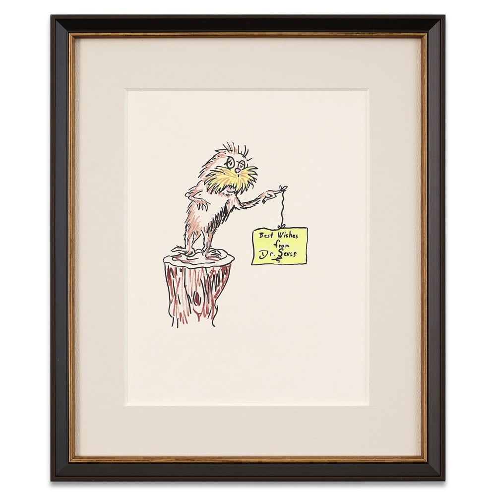 DR. SEUSS SIGNED "THE LORAX" DRAWING: Image Dimensions: 10 5/8 x 8 1/8 in (27 x 20.6 cm) Framed Dimensions: 16 1/8 x 13 5/8 in (41 x 34.5 cm) Provenance and Authentication: According to the Letter of Authenticity (LOA) and Certificate of