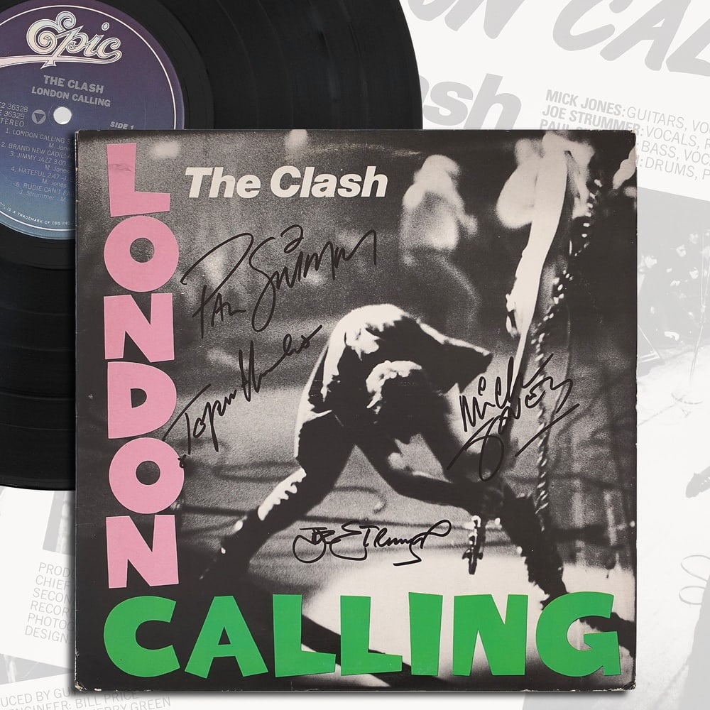 THE CLASH FULLY SIGNED "LONDON CALLING" LP: 12 1/4 x 12 1/4 in Provenance and Authentication: According to the Letter of Authenticity (LOA) and Certificate of Authenticity (COA) provided by the consignor, this collectible was subjected to a