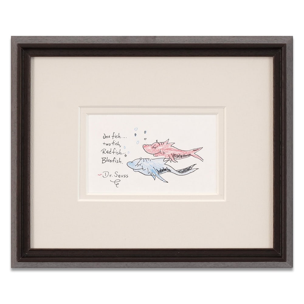 DR. SEUSS SIGNED "ONE FISH TWO FISH RED FISH BLUE FISH" DRAWING: Image Dimensions: 4 x 6 1/2 in (10 x 16.5 cm) Framed Dimensions: 12 1/4 x 14 3/4 in (31 x 37.5 cm) Provenance and Authentication: According to the Letter of Authenticity (LOA) and Certificate of