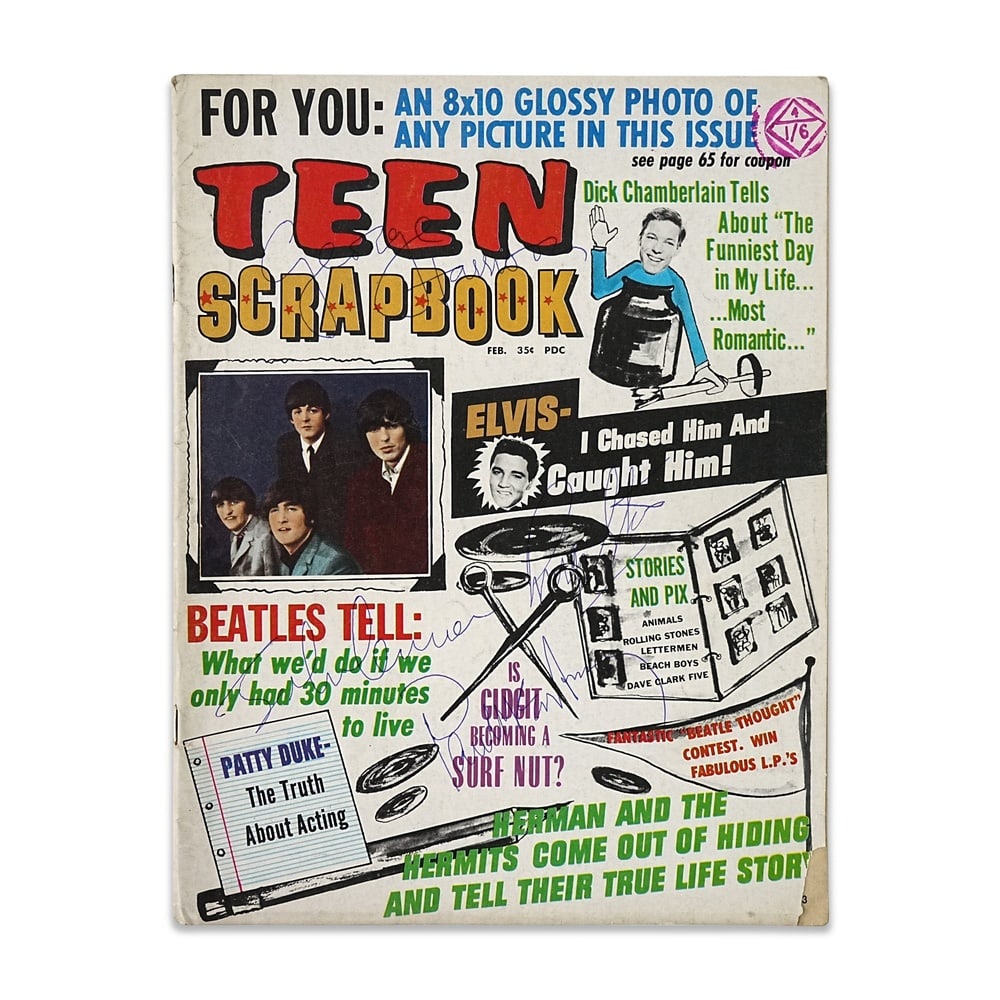 THE BEATLES FULLY SIGNED "TEEN SCRAPBOOK" MAGAZINE: 10 5/8 x 8 1/8 in (27 x 20.7 cm) Provenance and Authentication: According to the accompanying documentation provided by the consignor, the signatures have been examined with reference to multiple