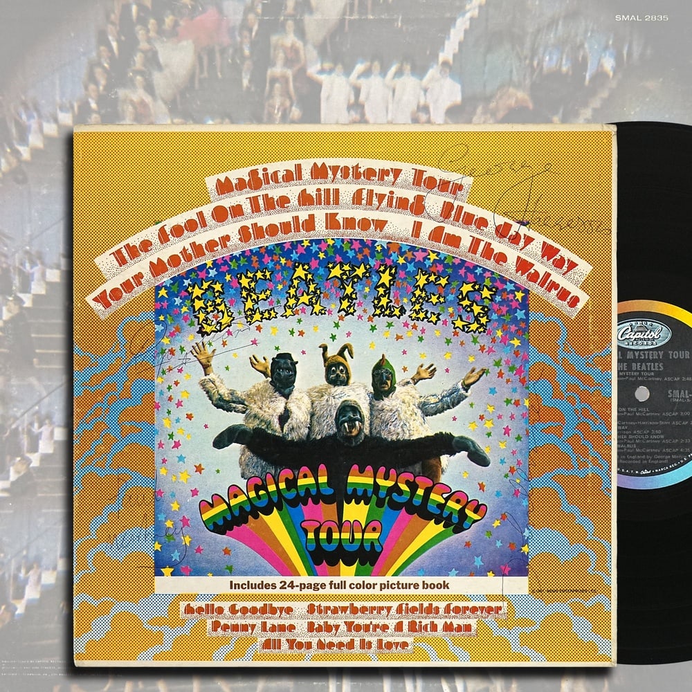 THE BEATLES FULLY SIGNED "MAGICAL MYSTERY TOUR" LP: 12 1/4 x 12 1/4 in Provenance and Authentication: According to the accompanying documentation provided by the consignor, the signatures have been examined with reference to multiple factors, including