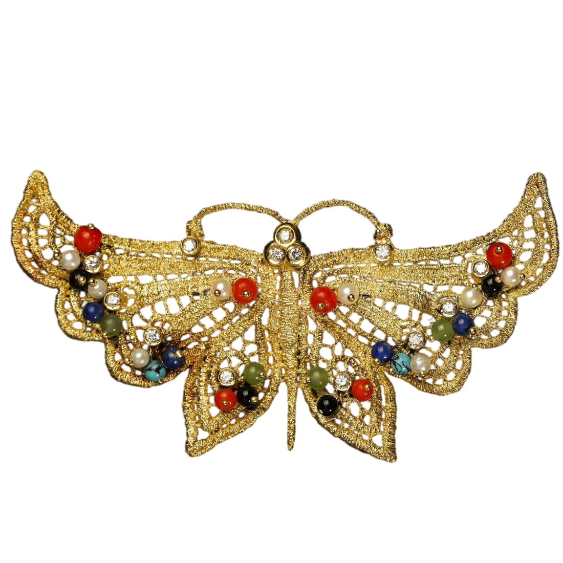 Italian G.GRASER 18K Gold Twisted Wire Openwork Gemstone Inlaid Butterfly Brooch: L. 7.5 cm.W. 4.1 cm. Weight.17.7 gram.