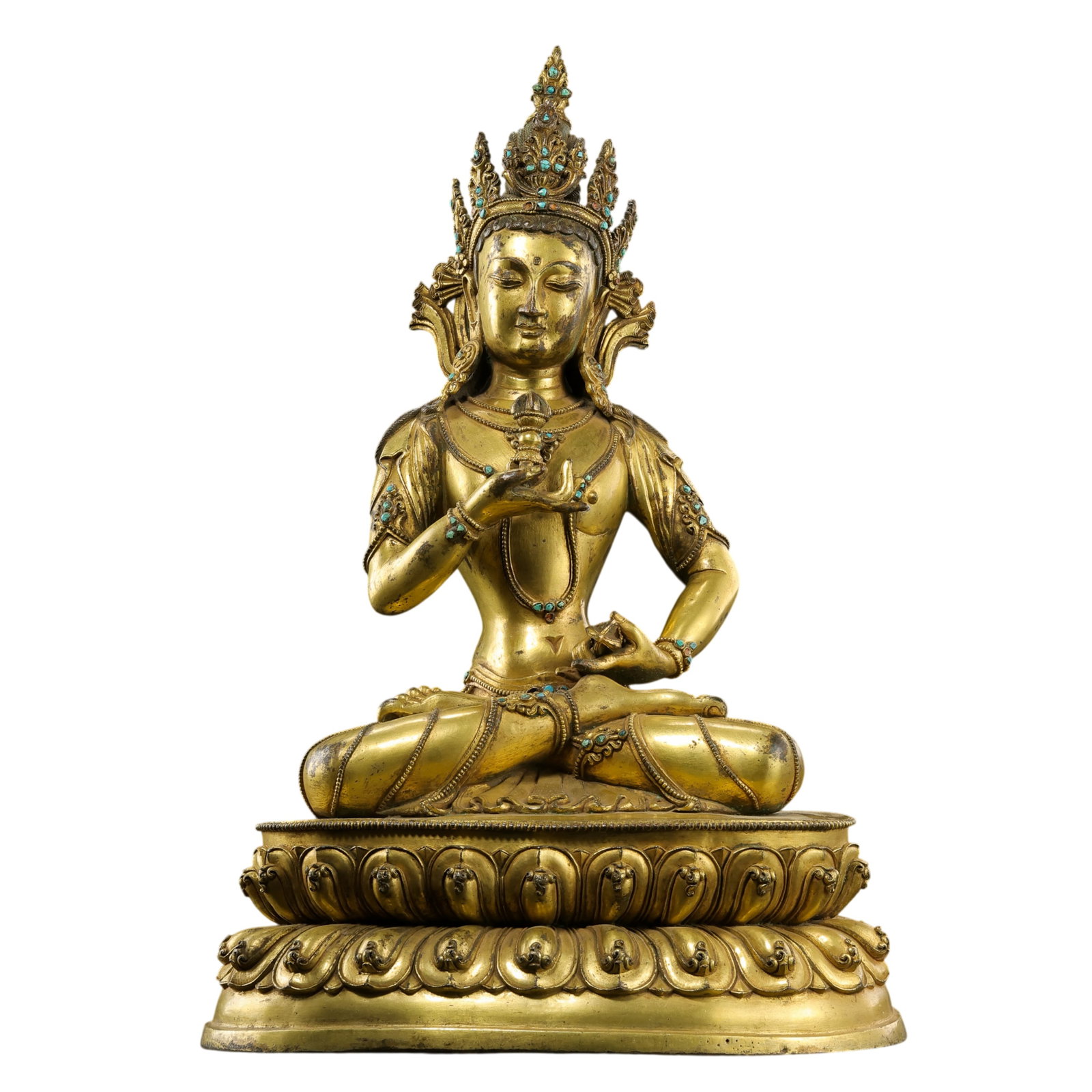 Chinese Qing Dynasty Gilt Bronze Seated Buddha Statue Inlaid with Gemstones: H. 43 cm. W. 29 cm. Weight. 6225 gram.