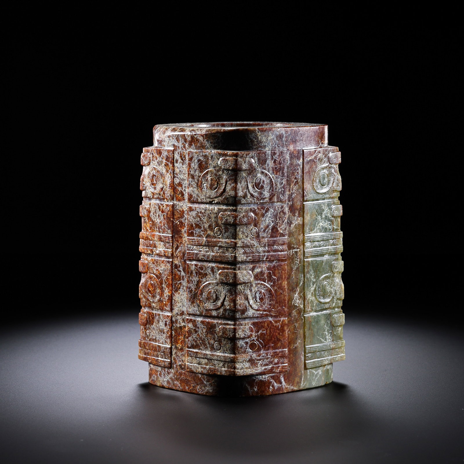 Jade Cong with Animal Mask Pattern from the Neolithic Period in China: H. 10.2 cm. W. 7 cm. Weight. 888 gram.