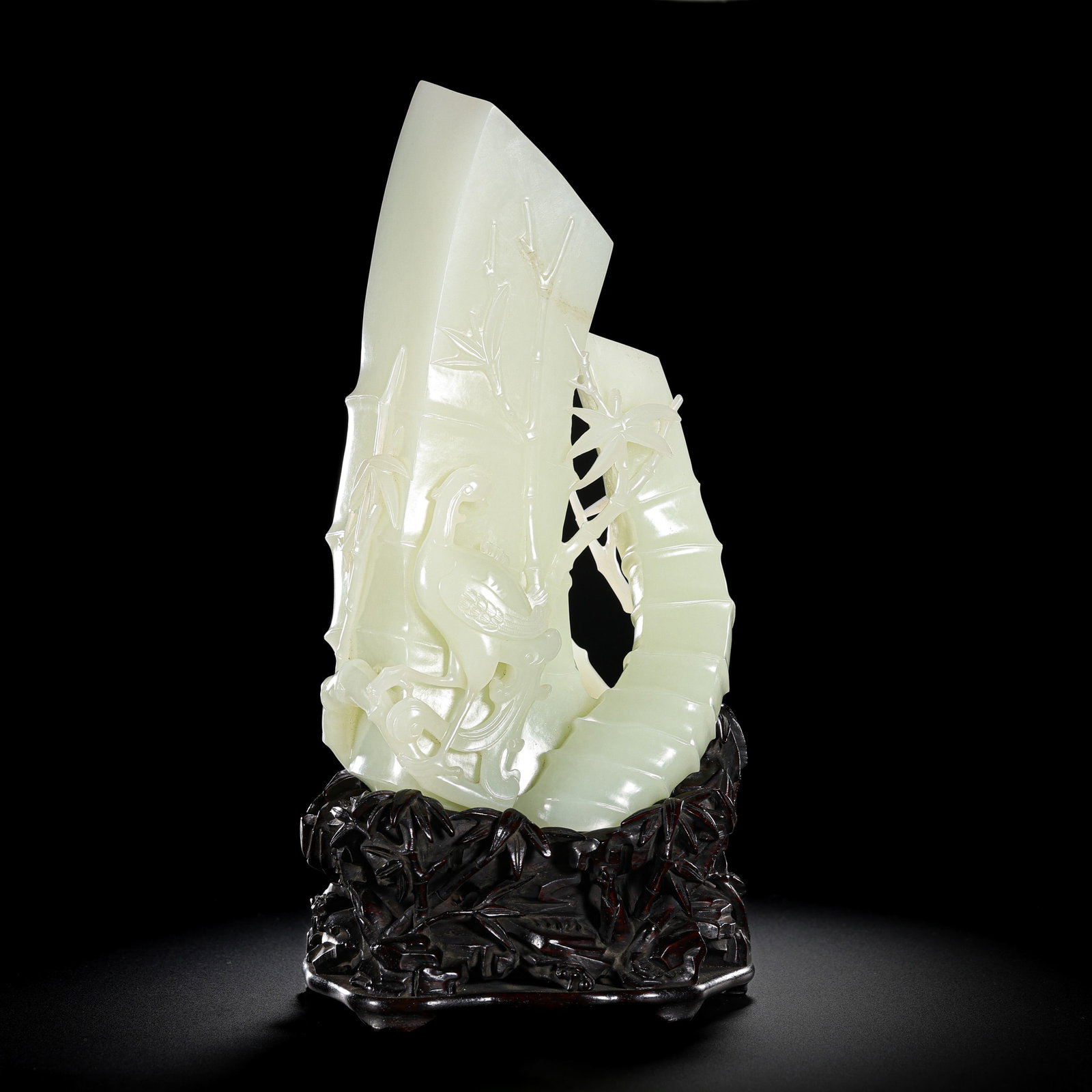 Chinese Qing Dynasty Hetian white jade carving of auspicious symbolism of rising higher and higher.: H. 18 cm. W. 11 cm. Weight. 905 gram.
