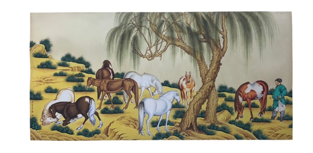 Eight Horses Under the Trees by Lang Shining: L. 137 cm. W. 68 cm.