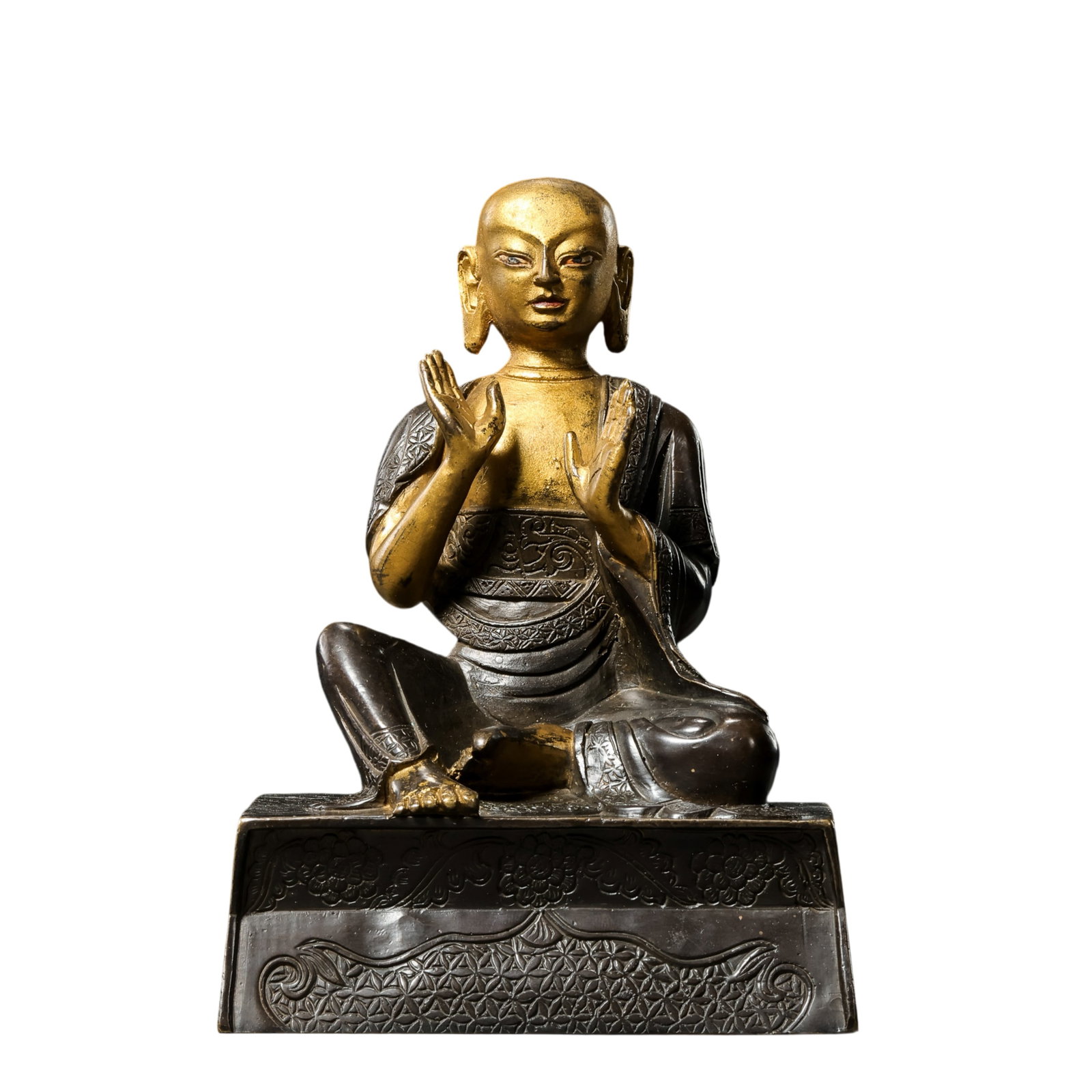 A partially gilded bronze seated Buddha statue from the Qing Dynasty in China. (1 of 10)