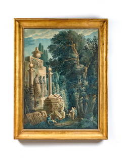 LOUIS-FRANÇOIS CASSAS (1756-1827): LOUIS-FRANÇOIS CASSAS (1756-1827). Ancient Ruins. Watercolour, gouache and pen on two attached sheets. H: 101.5 x W: 76 cm. Provenance: - Galerie de la Scala, Paris - French aristocratic family.