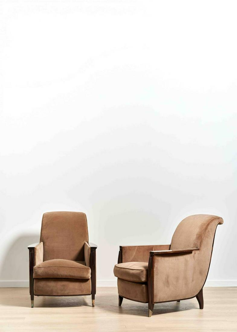 ALFRED PORTENEUVE (ATTRIBUTED TO): ALFRED PORTENEUVE (ATTRIBUTED TO). A pair of Macassar ebony veneered armchairs with straight, slightly sloping backrest with a scroll at the top and full armrests with flat rounded cuffs, entirely cov